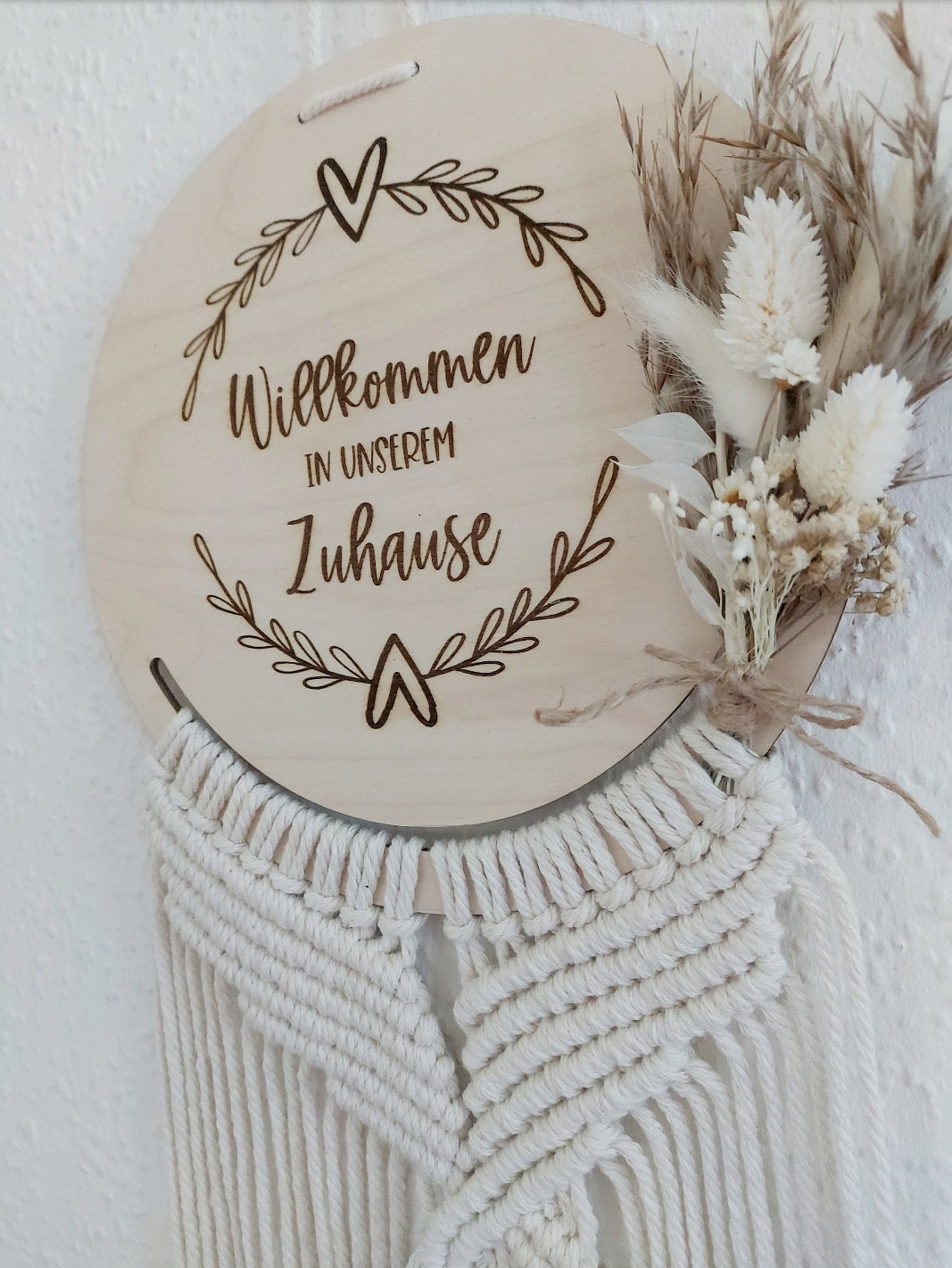 Makramee Türschild, Schild, Willkommen, mit Trockenblumen, Boho Style, Türkranz, Wandbehang, Makramee Schild, Willkommen Zu Hause - Makrameelilifee