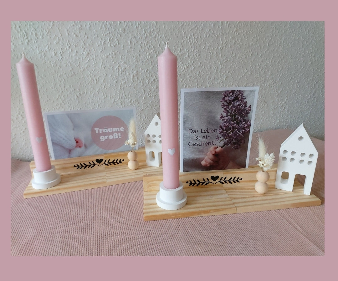 Raysin Geschenkset, Set mit Kerzenhalter, Kerze, Trockenblumen und Raysin Haus, Fotoständer, Leuchterkerzen, Weihnachtsdeko, Fensterdeko, - Makrameelilifee